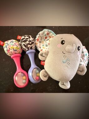 Fisher-Price Gray Elephant Vibrating Plush with Pink & Lavender Rattle Buddies